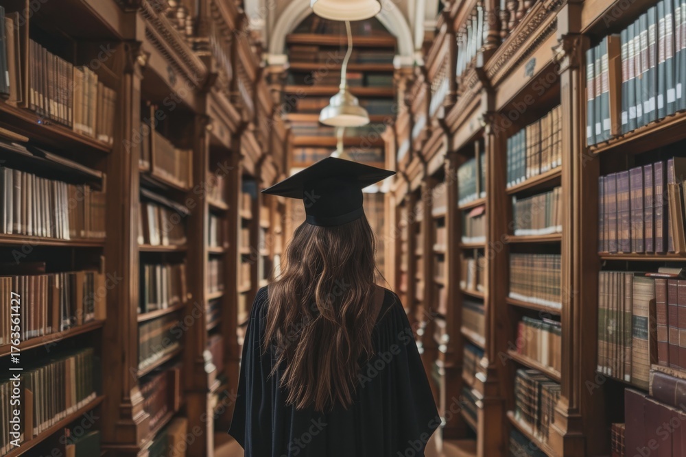 Fototapeta premium Young woman graduating in a library