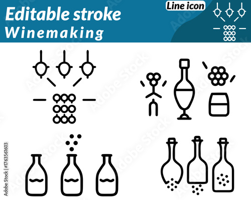 An elegant vector icon showing the winemaking process with grapes. wine bottle barrel and glass of wine. Includes grape leaves. cork or press elements to represent fermentation and tradition.