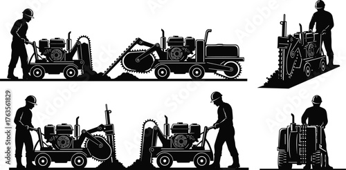 Silhouette vector illustration of construction workers operating trenching machines for digging soil, excavation, pipeline installation, repair, maintenance, labor, and industry