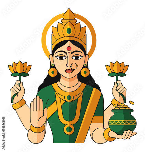 Hindu Goddess Lakshmi vector illustration. Indian deity of wealth and prosperity for Diwali festival.