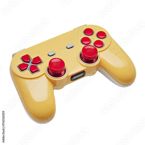 A 3D rendering of a yellow game controller with red buttons and joysticks, set against a black background
