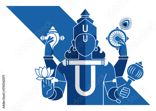 Lord Vishnu modern vector illustration. Hindu god with four arms holding chakra conch mace and lotus in a flat graphic style