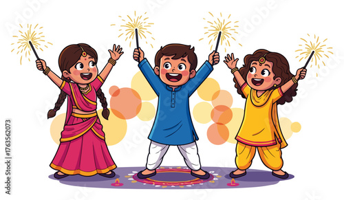 Happy Indian children in traditional clothes celebrating Diwali festival with sparklers. Cute cartoon vector illustration for kids