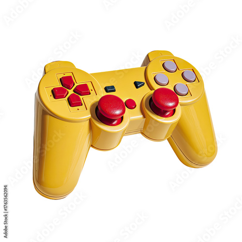A 3D render of a retro-styled yellow game controller with red buttons and purple accents, isolated