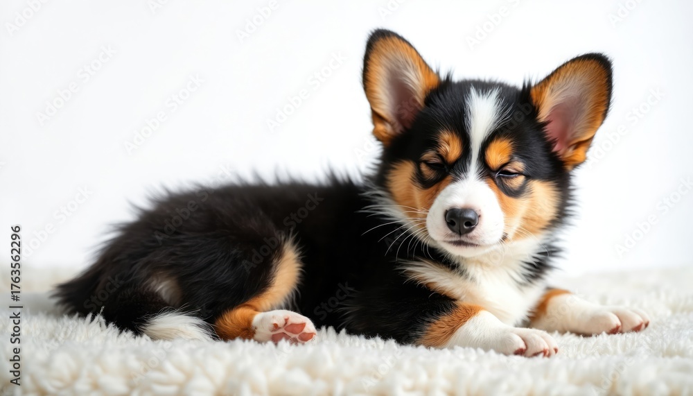 Obraz premium Small tri-color Corgi puppy rests on soft fluffy white blanket. Young dog sleeps peacefully, eyes closed. Adorable pet enjoys calm, cozy moment at home. Cute pup looks content and sweet.