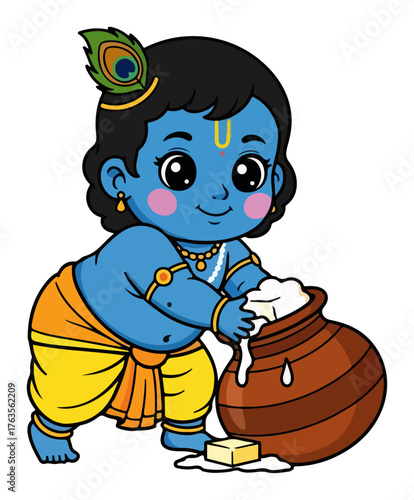 Cute Baby Krishna Cartoon Illustration. Lord Kanha eating butter from a clay pot for Janmashtami festival.