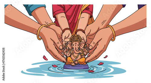 Ganesh Visarjan ceremony with family hands immersing Lord Ganesha idol in water. Hindu festival Ganesh Chaturthi vector illustration
