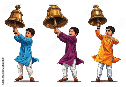 Set of a cute Indian boy in traditional kurta ringing a brass puja bell. Hindu festival character vector cartoon illustration