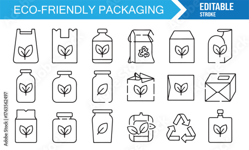 Eco-friendly bag and container icons, recyclable and compostable packaging vector illustration.