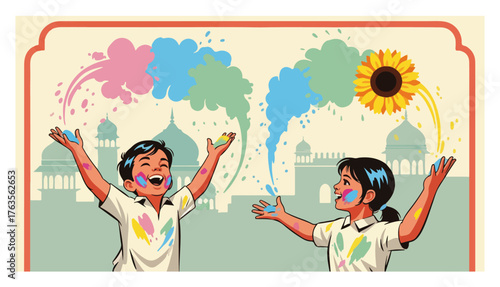 Holi Festival Celebration with Happy Indian Children throwing Gulal. Vector illustration of kids playing with colors in India.