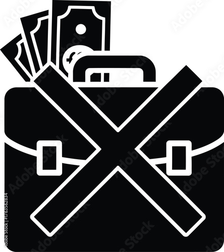 Prohibited Business Funds Icon Briefcase with Cross Mark and Cash Illegal Payment Symbol Black Solid Glyph Vector