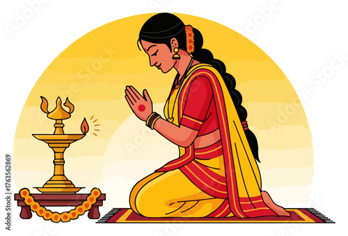 Indian Woman Praying with Diya Lamp – Traditional Hindu Puja Illustration in Sari
