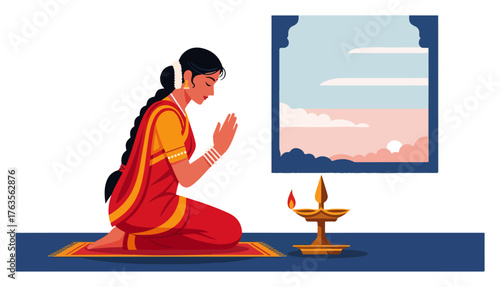 Woman Praying by Window with Diya – Peaceful Hindu Puja Scene Vector