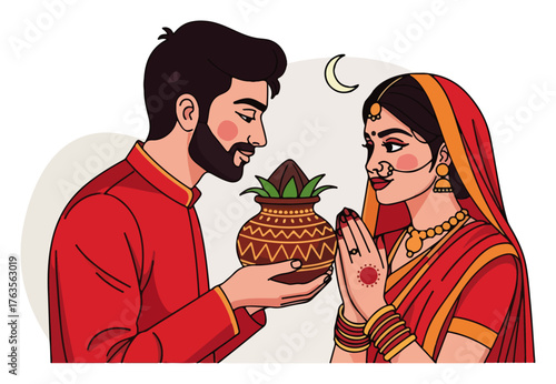 Indian couple celebrating the Hindu festival of Karwa Chauth. Wife in traditional saree looking at her husband holding a kalash. Vector illustration.