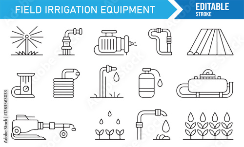 Smart irrigation technology icons, line art of pumps, sprinklers, and drip watering systems.
