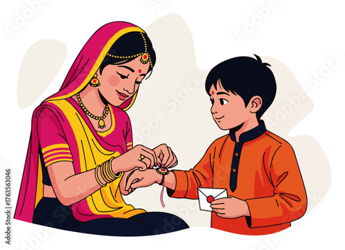 Sister tying a rakhi on her brother's wrist during the Raksha Bandhan festival. Vector illustration of Indian siblings celebrating a traditional Hindu holiday.