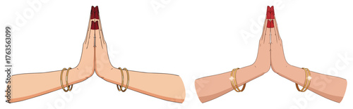 Set of Indian hands in Namaste or Anjali Mudra gesture. Traditional greeting and prayer pose for classical dance vector illustration