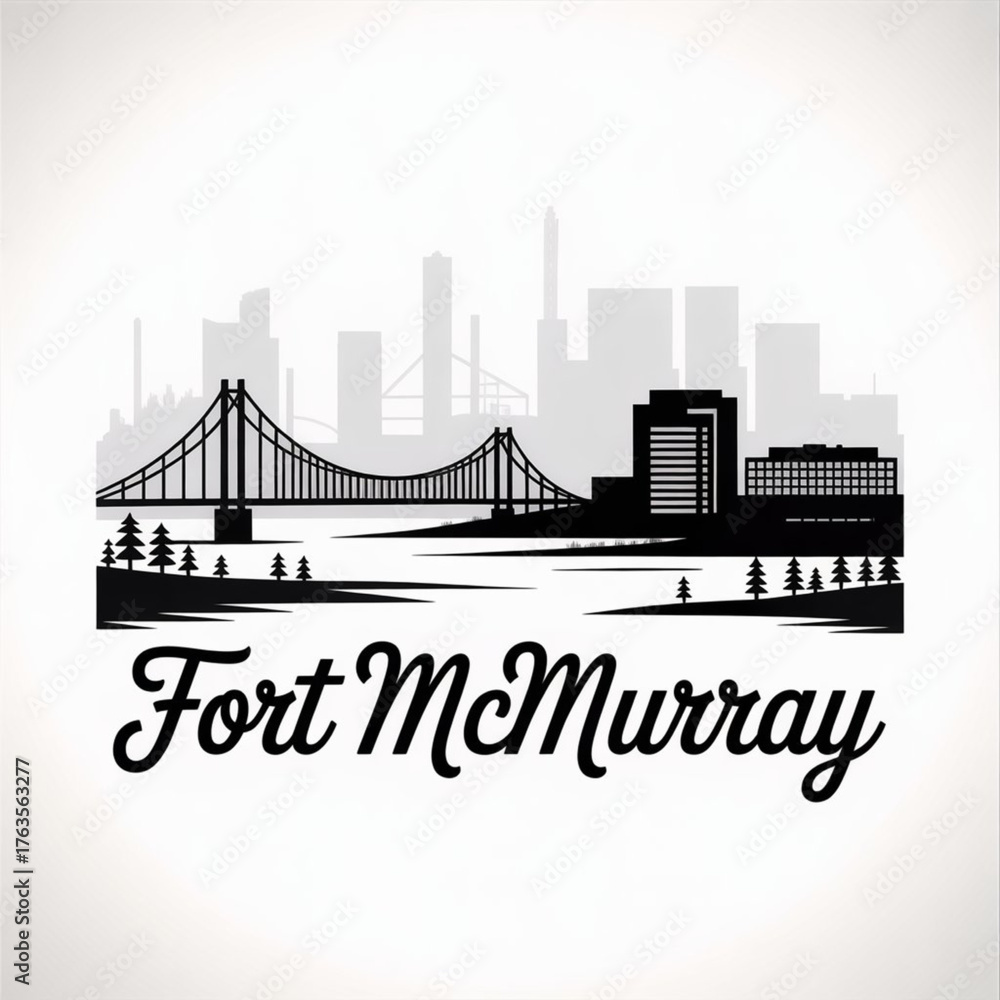 Naklejka premium ‎Fort McMurray Alberta Skyline Silhouette — Northern Canadian Energy Hub City Vector Illustration