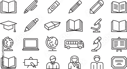 Collection of black line art icons representing education and school supplies learning