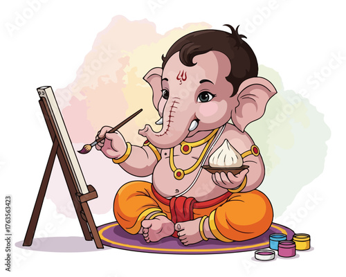 Cute baby Lord Ganesha painting on an easel. Adorable cartoon illustration of the Hindu God for Ganesh Chaturthi festival.