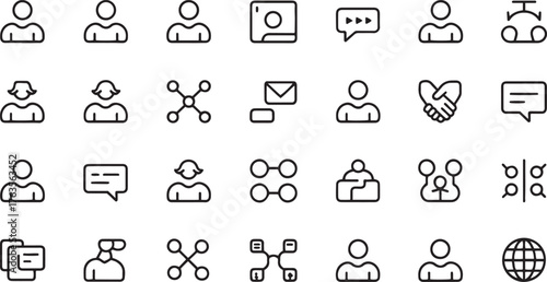 Collection of black outline icons depicting people communication and network connections user profile