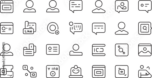 Collection of black and white outline icons representing user interface elements and social media symbols
