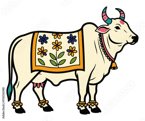Decorated Indian holy cow Kamadhenu. Sacred Hindu animal vector illustration for Pongal festival and cultural design