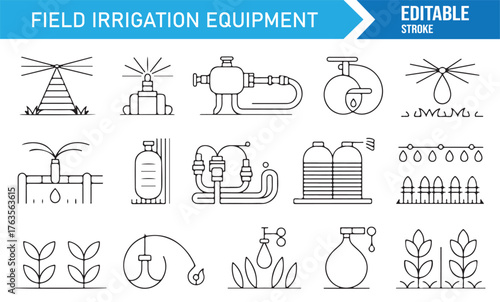 Drip and sprinkler irrigation equipment icons, modern editable vector line art for farming.
