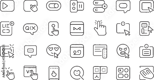 Collection of black outline interface icons for digital applications and web design vector