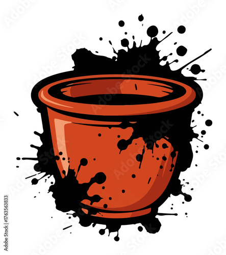 Indian chai or lassi in a traditional clay pot (Kulhad) with a grunge splash effect. Vector illustration for cafe or street food menu