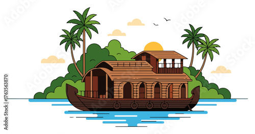 Kerala houseboat on backwaters vector illustration. Traditional Kettuvallam boat in a tropical landscape with palm trees for travel and tourism