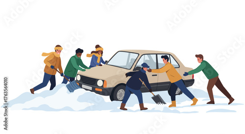 Winter assistance: people helping push a car stuck in snow