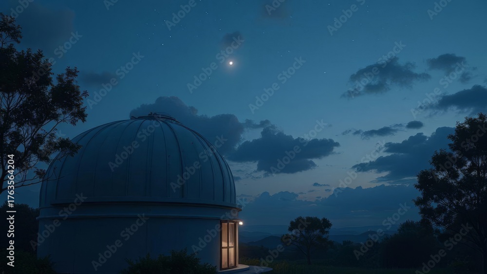 Obraz premium Astronomical observatory dome at night with stars and a bright celestial object in the dark sky