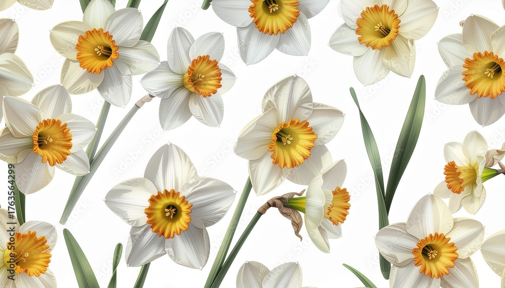 Fototapeta premium A pattern of white daffodil flowers with yellow centers and green stems and leaves on a white background.