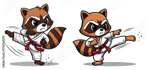 Raccoon Karate Mascot Vector Set. Cute cartoon animal character in different martial arts fighting poses.