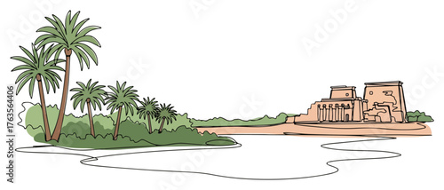 Ancient Egyptian temple by the Nile river. Continuous one line drawing of a famous landmark in Egypt. Travel and history concept vector.