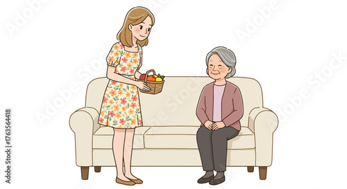 Young woman giving fruit basket to elderly woman on couch in cartoon style