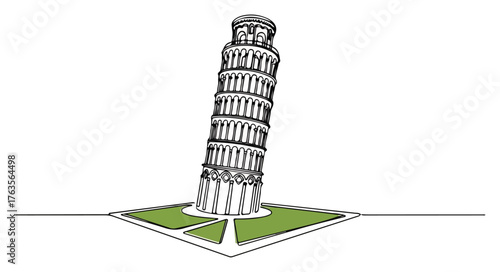 Leaning Tower of Pisa continuous line drawing. Famous Italy landmark one line art vector for travel and tourism design