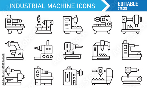 Minimal industrial machine icons pack, outline vector illustration of mechanical tools and devices.