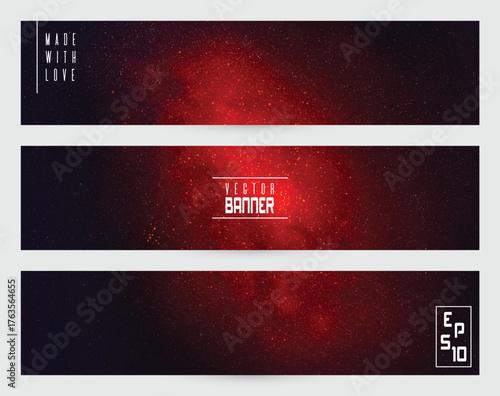 Dark night starry sky and Milky Way. Mystic red horizontal banners set
