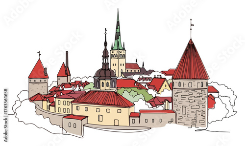 Tallinn Old Town Estonia Cityscape Sketch. Hand drawn vector illustration of European medieval architecture.