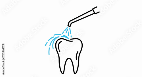 Line drawing tooth cleaning process, water jet spraying onto molar. Dental instrument shows professional tooth cleaning. Clinic concept for oral care education, comprehensive tooth cleaning marketing.