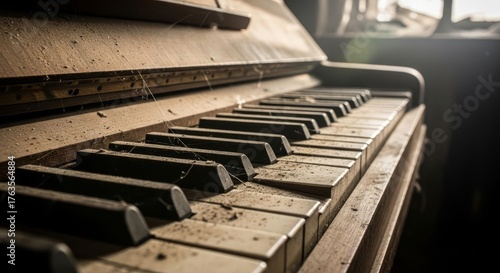 Close-up of an old, dusty, and neglected upright piano keyboard in an abandoned building with light filtering through.