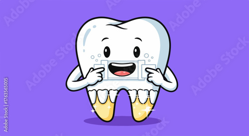 Happy tooth braces illustration on vibrant purple background, depicting cute character with orthodontic appliance. Animated tooth braces concept for dentistry,