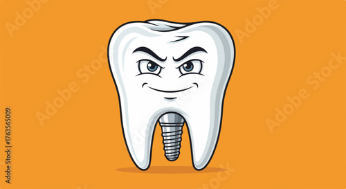 Smiling white tooth featuring dental implant, confident expression on bright orange background. Dental implant represents modern dentistry, strong healthy teeth, symbolizing robust oral health.