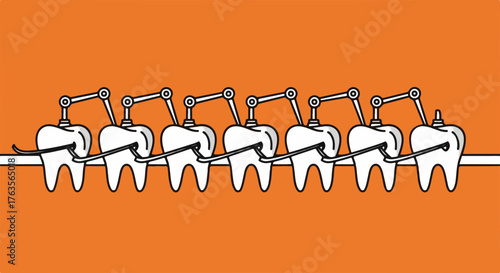 Robotic dentistry concept shows multiple teeth connected by mechanical arms on vibrant orange background. Each tooth features automated dental tools performing precise care,