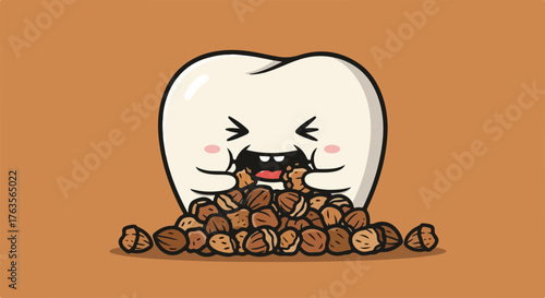 Distressed cartoon tooth character is overwhelmed by a large pile of nuts, symbolizing dental health challenges and unhealthy diet choices.