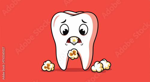 Worried cartoon tooth showing severe tooth decay, with dark spots and food particles on a vibrant red background. This dental problem illustrates consequences of poor oral hygiene,