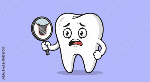 Worried cartoon tooth character holding magnifying glass, showing tooth decay clearly. White tooth illustration depicts common tooth decay, emphasizing importance of proper dental hygiene.