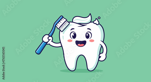 Smiling tooth character with toothbrush, toothpaste, promoting dental care. Mascot demonstrates daily brushing, essential for strong, healthy teeth, highlighting proper dental care.